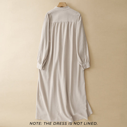 Buddha Stones Pure Color Stand Collar Double-breasted Buttons Design Cotton Long Sleeve Midi Dress