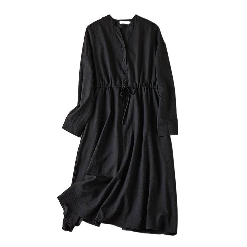 Buddha Stones Pure Color Notched Collar Drawstring Cotton Long Sleeve Midi Dress With Pockets