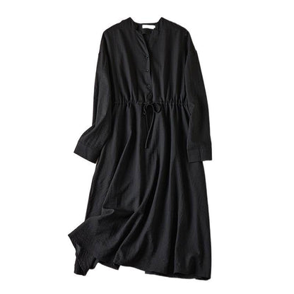 Buddha Stones Pure Color Notched Collar Drawstring Cotton Long Sleeve Midi Dress With Pockets