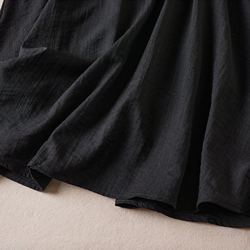 Buddha Stones Pure Color Notched Collar Drawstring Cotton Long Sleeve Midi Dress With Pockets