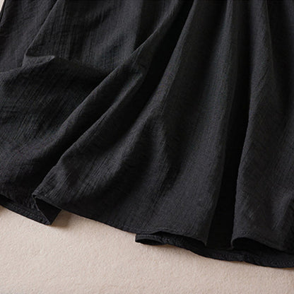 Buddha Stones Pure Color Notched Collar Drawstring Cotton Long Sleeve Midi Dress With Pockets