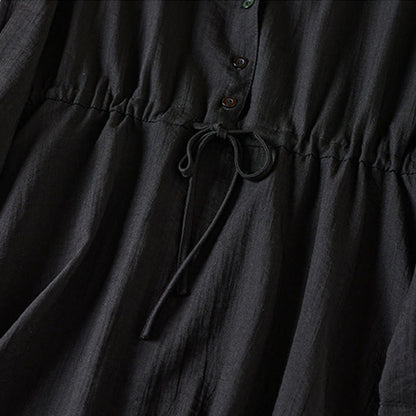 Buddha Stones Pure Color Notched Collar Drawstring Cotton Long Sleeve Midi Dress With Pockets
