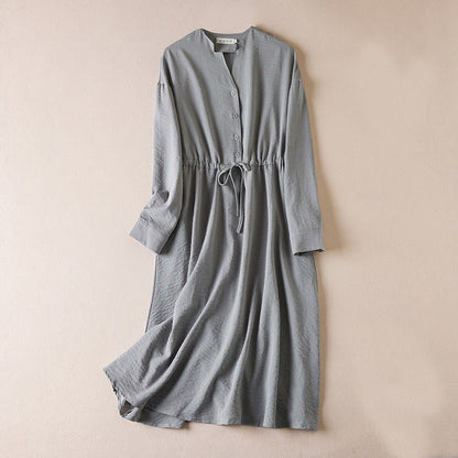 Buddha Stones Pure Color Notched Collar Drawstring Cotton Long Sleeve Midi Dress With Pockets