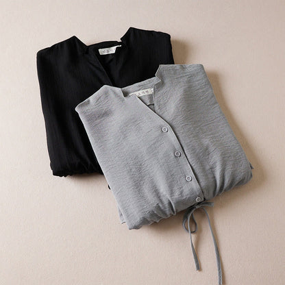 Buddha Stones Pure Color Notched Collar Drawstring Cotton Long Sleeve Midi Dress With Pockets