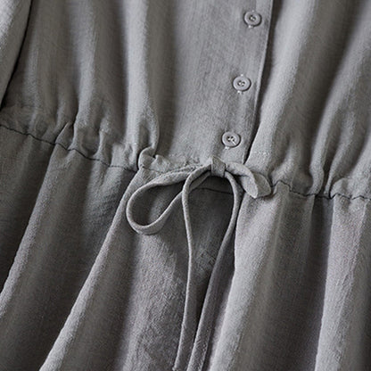 Buddha Stones Pure Color Notched Collar Drawstring Cotton Long Sleeve Midi Dress With Pockets
