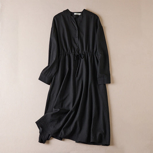 Buddha Stones Pure Color Notched Collar Drawstring Cotton Long Sleeve Midi Dress With Pockets