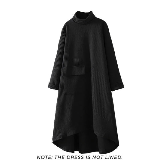 Buddha Stones Pure Color Irregular Design Cotton Turtleneck Long Sleeve Midi Dress With Pocket