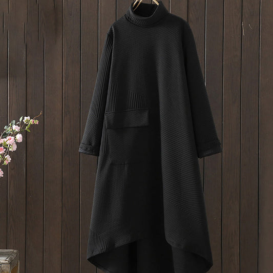 Buddha Stones Pure Color Irregular Design Cotton Turtleneck Long Sleeve Midi Dress With Pocket