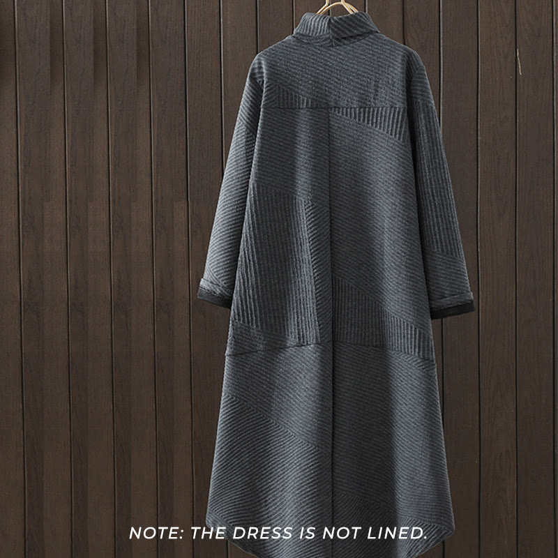 Buddha Stones Pure Color Irregular Design Cotton Turtleneck Long Sleeve Midi Dress With Pocket