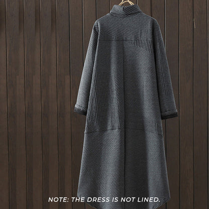 Buddha Stones Pure Color Irregular Design Cotton Turtleneck Long Sleeve Midi Dress With Pocket