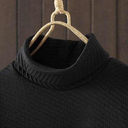 Buddha Stones Pure Color Irregular Design Cotton Turtleneck Long Sleeve Midi Dress With Pocket
