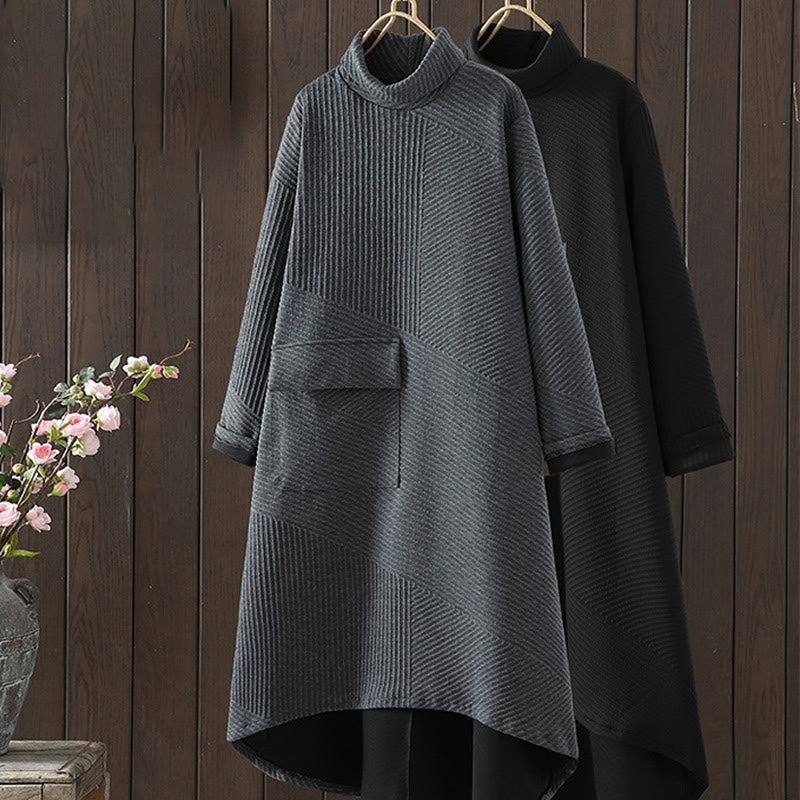 Buddha Stones Pure Color Irregular Design Cotton Turtleneck Long Sleeve Midi Dress With Pocket