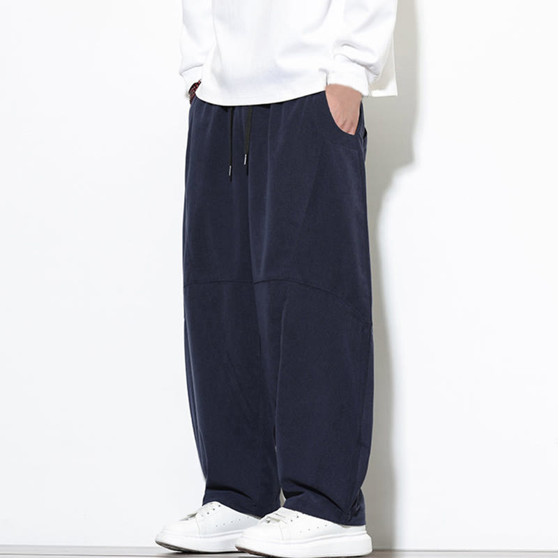 Buddha Stones Drawstring Solid Color Tapered Design Cotton Corduroy Men's Harem Pants With Pockets