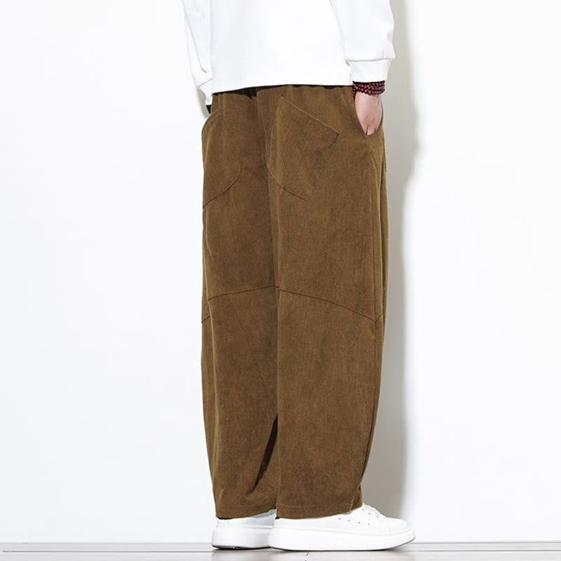 Buddha Stones Drawstring Solid Color Tapered Design Cotton Corduroy Men's Harem Pants With Pockets