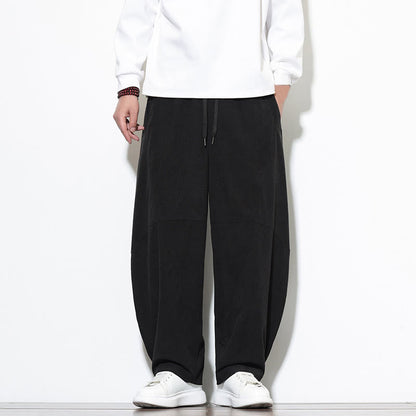Buddha Stones Drawstring Solid Color Tapered Design Cotton Corduroy Men's Harem Pants With Pockets