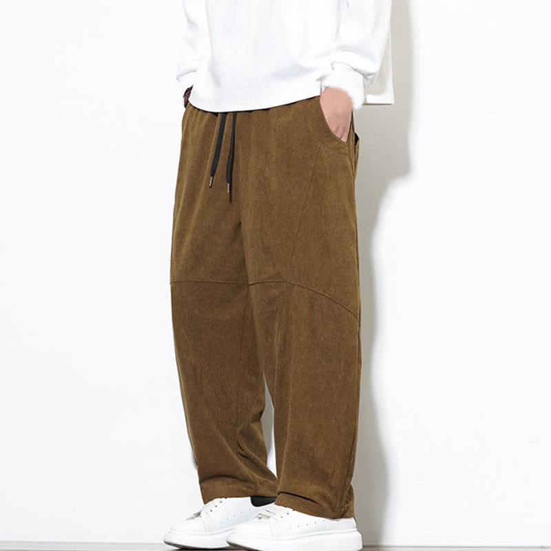 Buddha Stones Drawstring Solid Color Tapered Design Cotton Corduroy Men's Harem Pants With Pockets