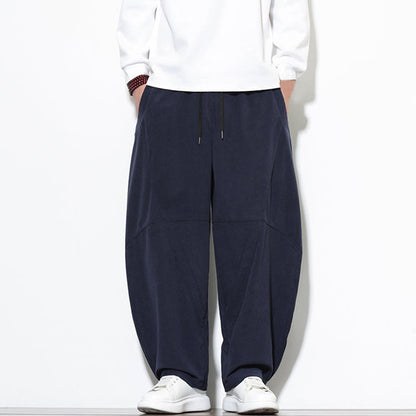 Buddha Stones Drawstring Solid Color Tapered Design Cotton Corduroy Men's Harem Pants With Pockets