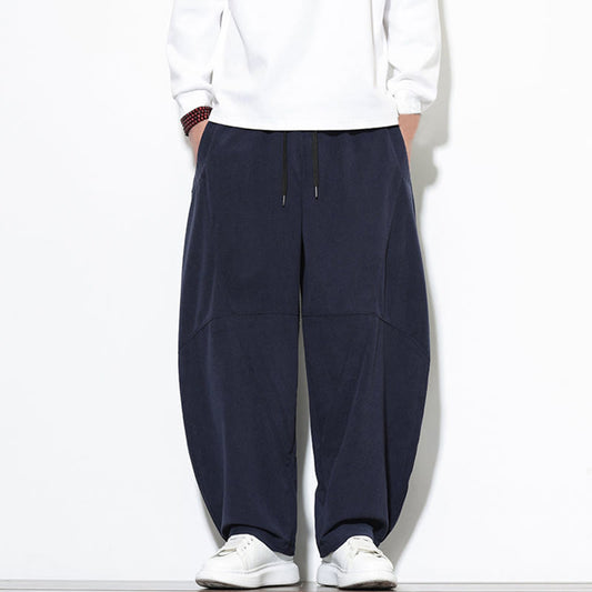Buddha Stones Drawstring Solid Color Tapered Design Cotton Corduroy Men's Harem Pants With Pockets