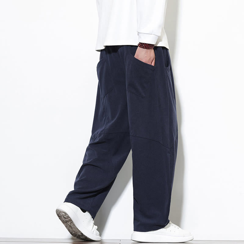 Buddha Stones Drawstring Solid Color Tapered Design Cotton Corduroy Men's Harem Pants With Pockets