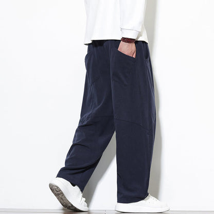 Buddha Stones Drawstring Solid Color Tapered Design Cotton Corduroy Men's Harem Pants With Pockets