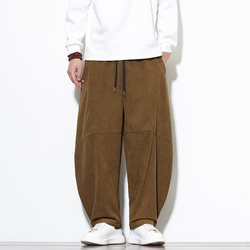 Buddha Stones Drawstring Solid Color Tapered Design Cotton Corduroy Men's Harem Pants With Pockets