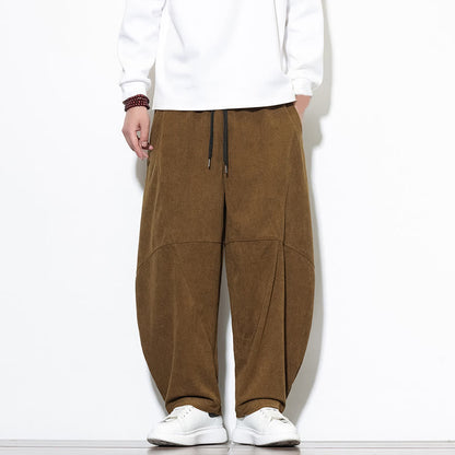 Buddha Stones Drawstring Solid Color Tapered Design Cotton Corduroy Men's Harem Pants With Pockets