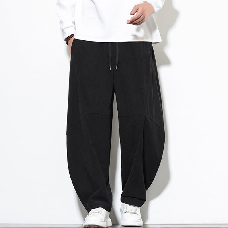 Buddha Stones Drawstring Solid Color Tapered Design Cotton Corduroy Men's Harem Pants With Pockets