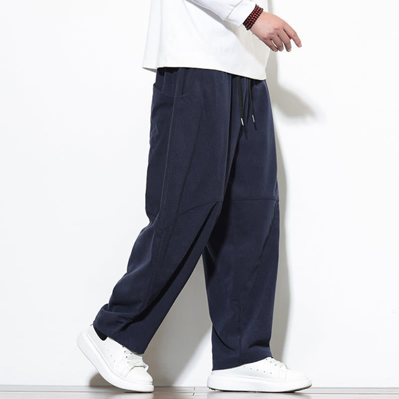 Buddha Stones Drawstring Solid Color Tapered Design Cotton Corduroy Men's Harem Pants With Pockets