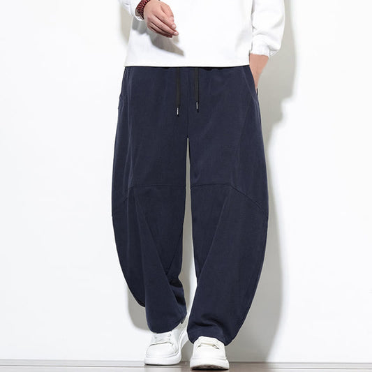 Buddha Stones Drawstring Solid Color Tapered Design Cotton Corduroy Men's Harem Pants With Pockets
