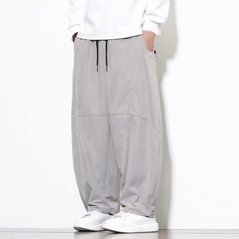 Buddha Stones Drawstring Solid Color Tapered Design Cotton Corduroy Men's Harem Pants With Pockets