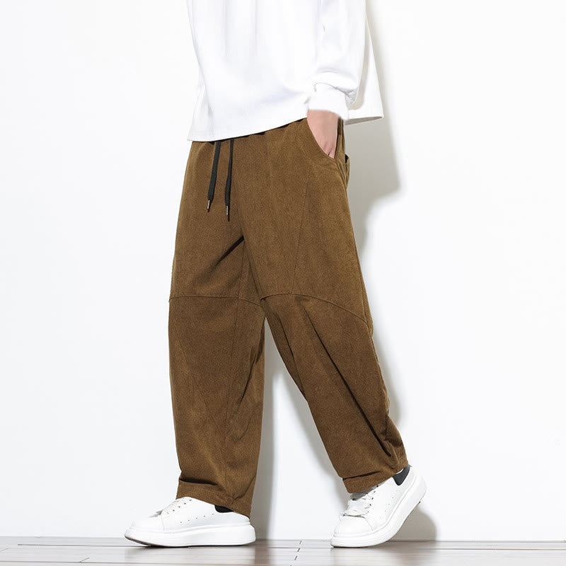Buddha Stones Drawstring Solid Color Tapered Design Cotton Corduroy Men's Harem Pants With Pockets