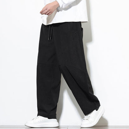 Buddha Stones Drawstring Solid Color Tapered Design Cotton Corduroy Men's Harem Pants With Pockets