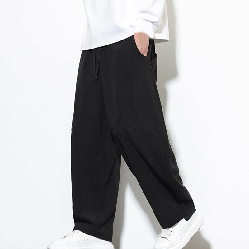 Buddha Stones Drawstring Solid Color Tapered Design Cotton Corduroy Men's Harem Pants With Pockets