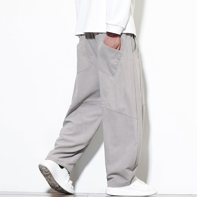 Buddha Stones Drawstring Solid Color Tapered Design Cotton Corduroy Men's Harem Pants With Pockets