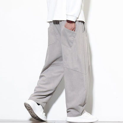 Buddha Stones Drawstring Solid Color Tapered Design Cotton Corduroy Men's Harem Pants With Pockets