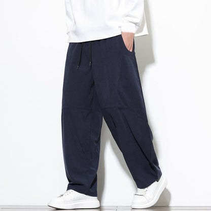 Buddha Stones Drawstring Solid Color Tapered Design Cotton Corduroy Men's Harem Pants With Pockets