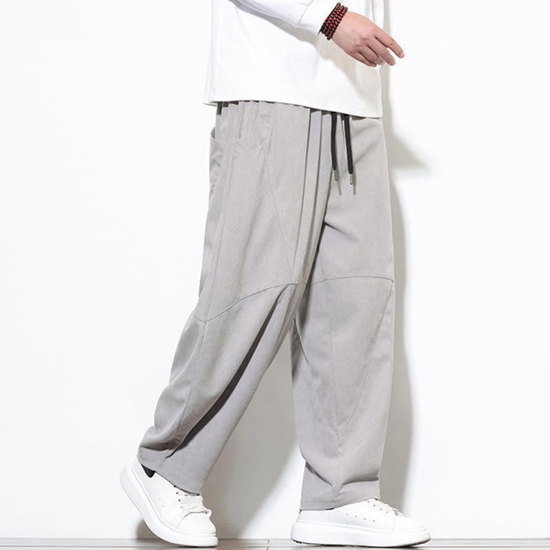 Buddha Stones Drawstring Solid Color Tapered Design Cotton Corduroy Men's Harem Pants With Pockets