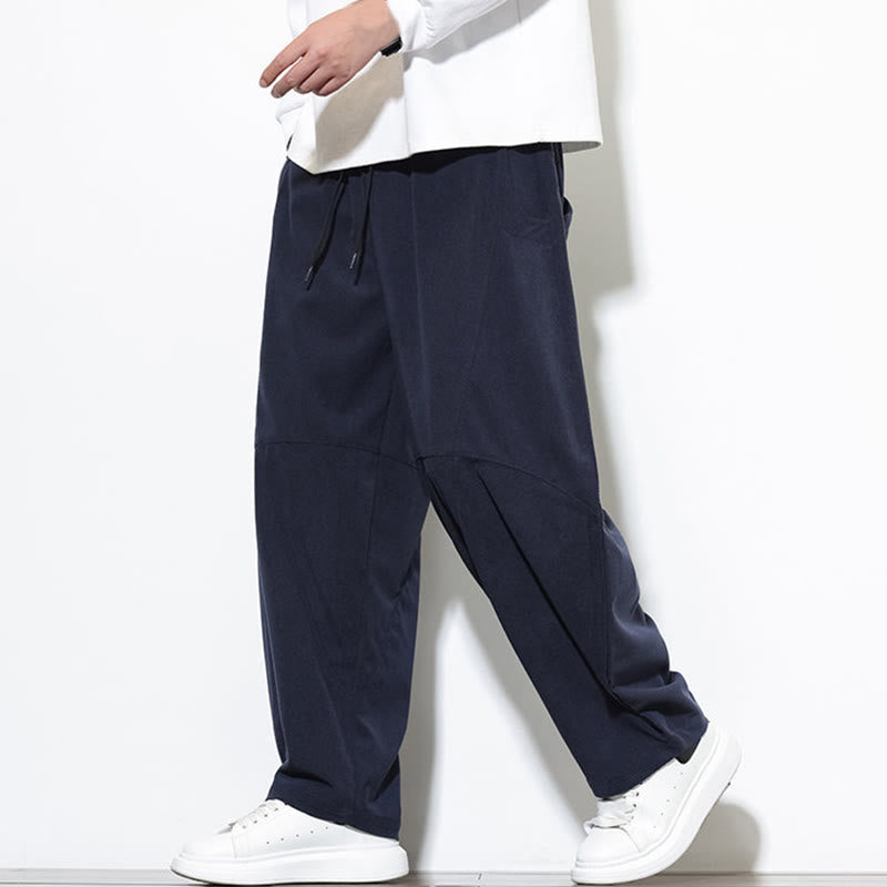 Buddha Stones Drawstring Solid Color Tapered Design Cotton Corduroy Men's Harem Pants With Pockets
