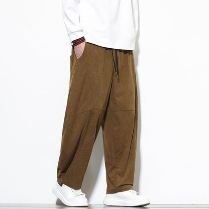 Buddha Stones Drawstring Solid Color Tapered Design Cotton Corduroy Men's Harem Pants With Pockets