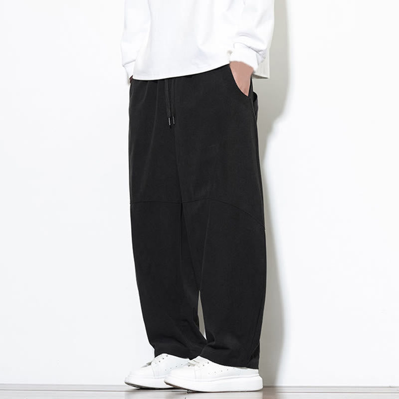 Buddha Stones Drawstring Solid Color Tapered Design Cotton Corduroy Men's Harem Pants With Pockets