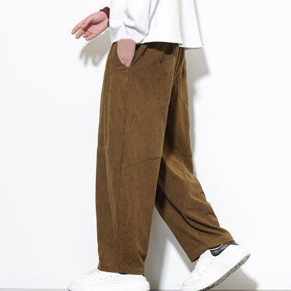 Buddha Stones Drawstring Solid Color Tapered Design Cotton Corduroy Men's Harem Pants With Pockets