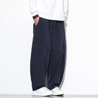 Buddha Stones Drawstring Solid Color Tapered Design Cotton Corduroy Men's Harem Pants With Pockets