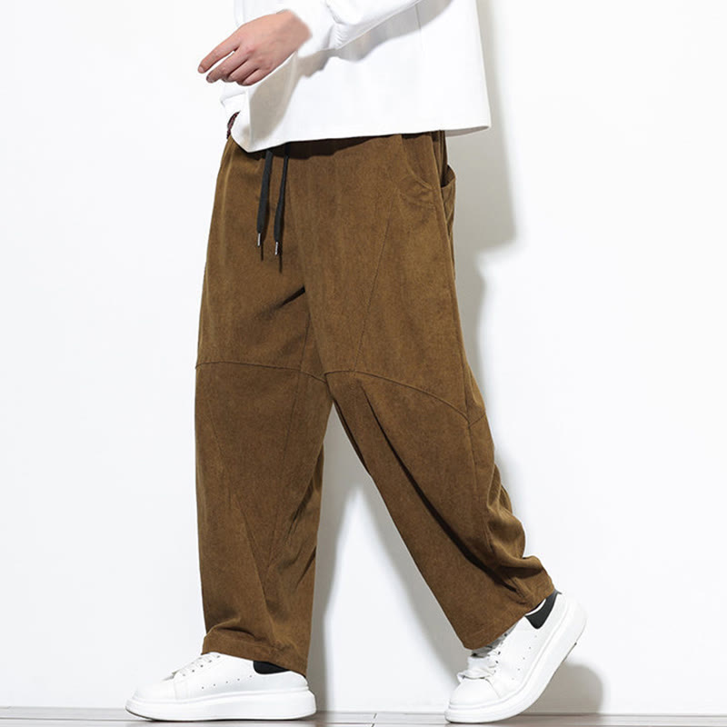 Buddha Stones Drawstring Solid Color Tapered Design Cotton Corduroy Men's Harem Pants With Pockets