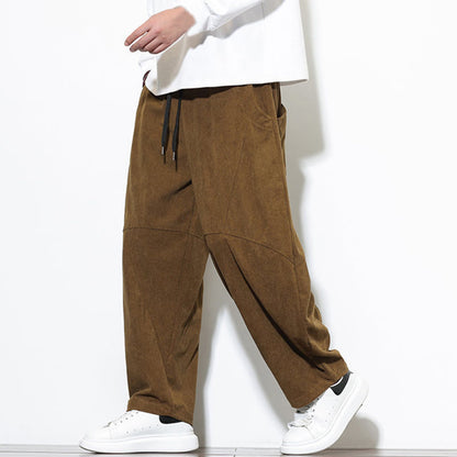 Buddha Stones Drawstring Solid Color Tapered Design Cotton Corduroy Men's Harem Pants With Pockets