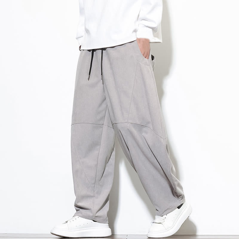 Buddha Stones Drawstring Solid Color Tapered Design Cotton Corduroy Men's Harem Pants With Pockets