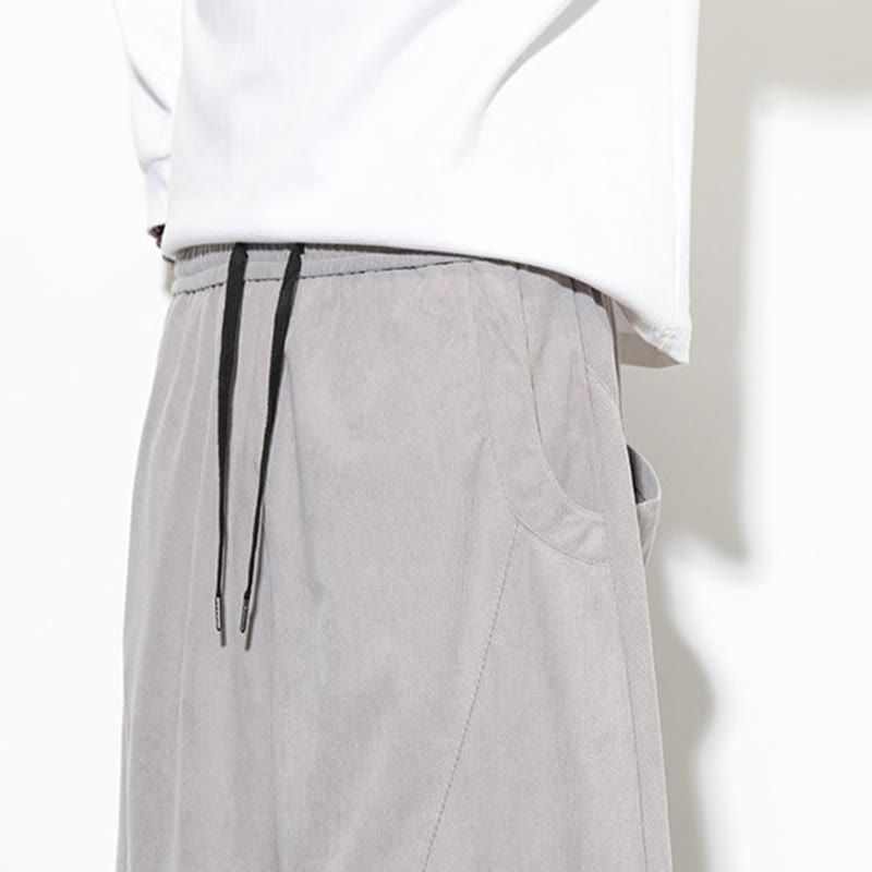 Buddha Stones Drawstring Solid Color Tapered Design Cotton Corduroy Men's Harem Pants With Pockets