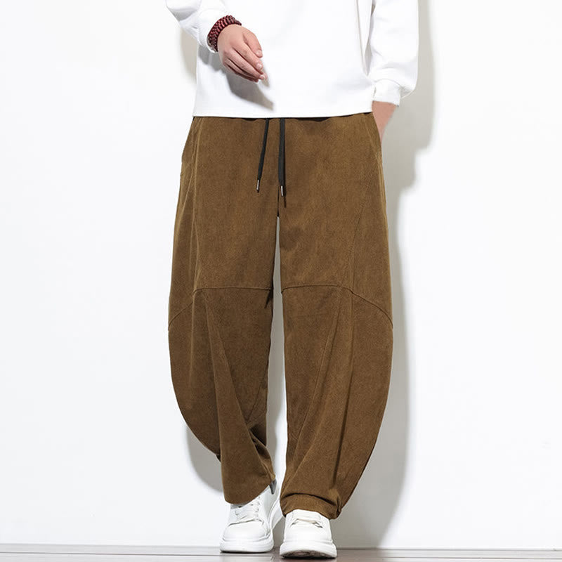 Buddha Stones Drawstring Solid Color Tapered Design Cotton Corduroy Men's Harem Pants With Pockets