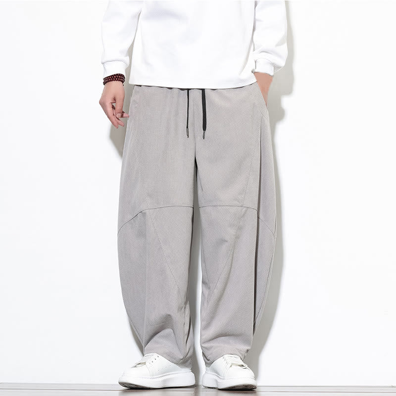 Buddha Stones Drawstring Solid Color Tapered Design Cotton Corduroy Men's Harem Pants With Pockets