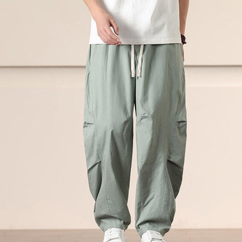 Buddha Stones Commute Spring Solid Color Drawstring Men's Harem Pants With Pockets