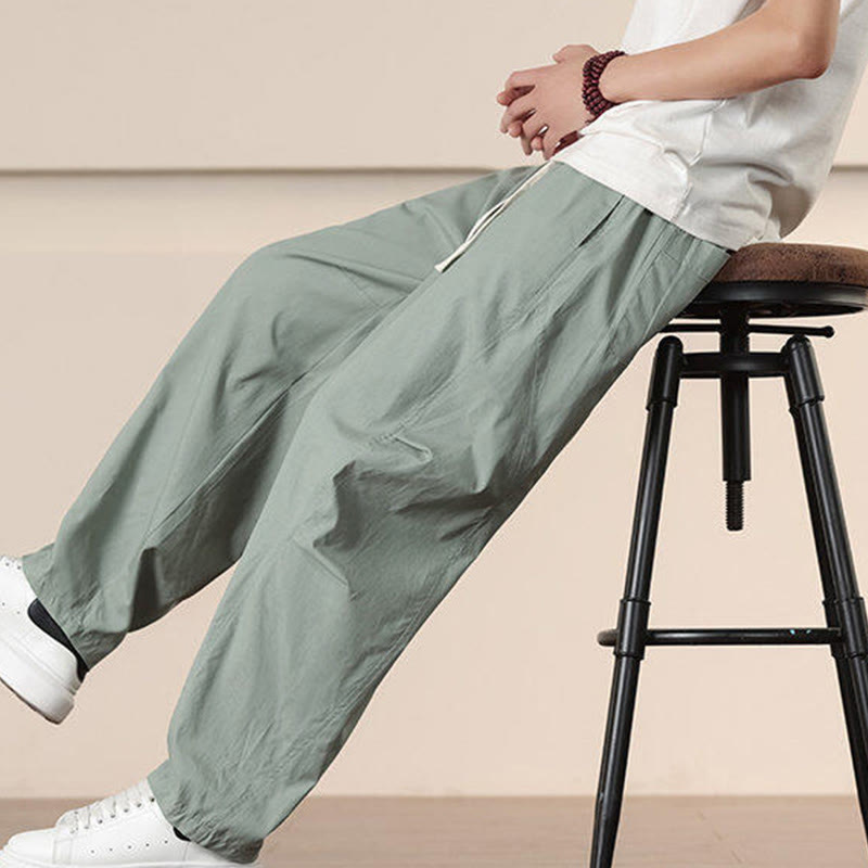 Buddha Stones Commute Spring Solid Color Drawstring Men's Harem Pants With Pockets